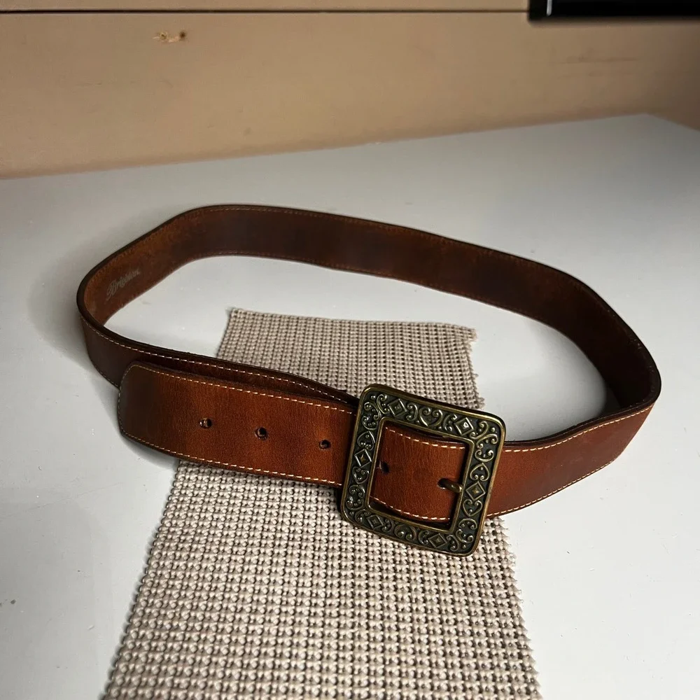 Brighton Brown Leather Belt 36 B20498 Ornate Brass Filigree Heart Buckle Mens